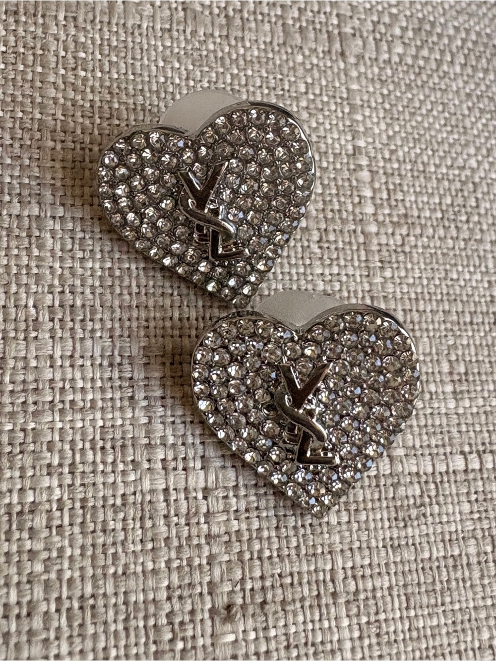 YSL Crystal Heart Stud Earrings with Monogram Accent - Silver